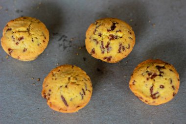 Süngerli kek estetik kaidede servis edilir. Besleyici atıştırmalık, tatlı ya da kahvaltı. Yakın plan yemek..