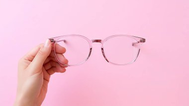 Entellektüel Göz Giyimi Gösterimi. Pembe Stüdyo Arkaplanında Kadın El Şovu Gözlüğü. Canlı Pembe Stüdyo Arkaplan Moda ve Göz Giyimi Sunumunda El Tutuşu ve Gözlük Gösterimi