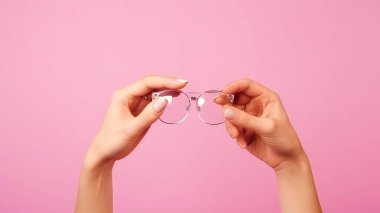 Pembe Stüdyo Arkaplanına Karşı Kadın El Şovu Gözlüğü. Canlı bir Pembe Stüdyo Arkaplanda El Tutma ve Gözlükleri Gösterme Tarzı. Moda ve Göz Giyimi Sunumu