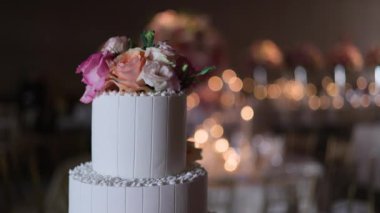 Güzel dekore edilmiş iki katlı beyaz pasta pembe ve şeftali rengi güller ve beyaz krema detaylarıyla, sıcacık, şenlikli arka planda bokeh ışıklarıyla. Düğünler ve kutlamalar için mükemmel.