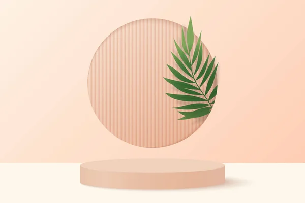 製品の表彰台と葉とオレンジの幾何学的な3D背景 — ストックベクタ
