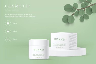 Kozmetik ürünleri ve cilt bakım ürünleri yeşil arka planda yapraklı şablonlar.