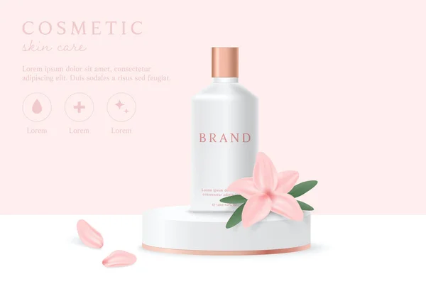 Cosmetics and skin care product ads template on pink background with flowers and leaves.