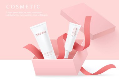 Cosmetics and skin care product ads template on pink background with gift box and ribbon.