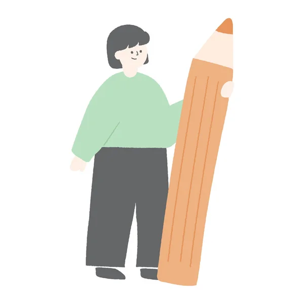 Hand Drawn Illustration Woman Holding Pen — 图库矢量图片