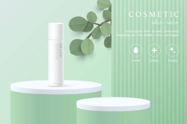 Kozmetik ürünleri ve cilt bakım ürünleri yeşil arka planda yapraklı şablonlar.