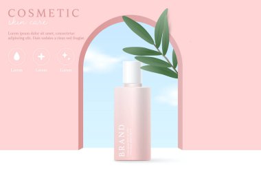 Kozmetik ürünleri ve cilt bakım ürünleri pembe arka planda yapraklı şablonlar.