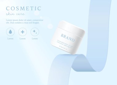 Kozmetik ürünleri ve cilt bakımı reklamları mavi arkaplanda kurdeleli şablon.