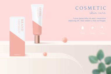 Kozmetik ürünleri ve cilt bakım ürünleri pembe arka planda yapraklı şablonlar.