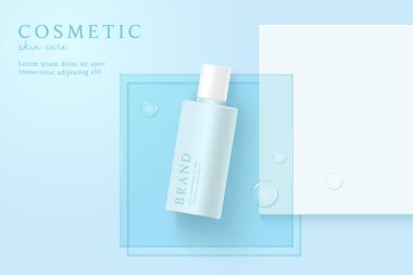 Kozmetik ürünleri ve cilt bakım ürünleri mavi arka planda şablon.