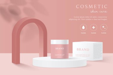 Kozmetik ürünleri ve cilt bakımı reklamları pembe arka planda gölgeli.