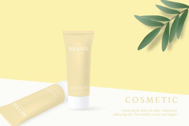 Natural cosmetics and skin care product ads template on yellow background with leaves.