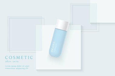 Kozmetik ürünleri ve cilt bakım ürünleri mavi arka planda şablon.