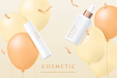 Cosmetics and skin care product ads template on yellow background with confetti and balloons.