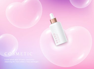 Dreamy pink and purple  gradient background with transparent heart and cosmetic product floating.