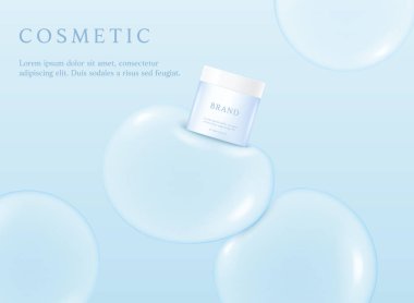 Mavi kozmetik 3d arkaplan üzerinde yüzen sıvı kabarcık damlası.