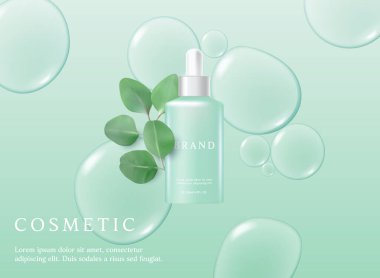 Green cosmetic 3d background with drop of liquid bubble floating and leaves.