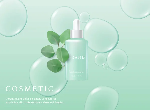 Green Cosmetic Background Drop Liquid Bubble Floating Leaves — Stockový vektor