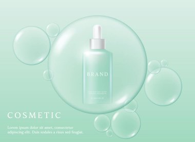 Green cosmetic 3d background with drop of liquid bubble floating.