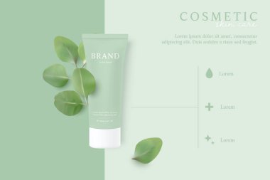 Doğal kozmetik ürünleri ve cilt bakım ürünleri yeşil arka planda yapraklı şablonlar.