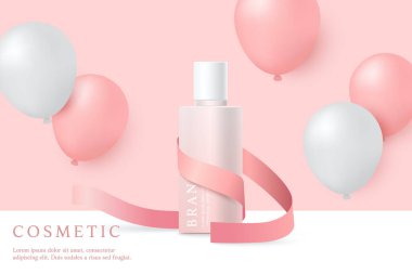Kozmetik ürünleri ve cilt bakımı reklamları pembe arka planda, kurdele ve balonlarla birlikte..