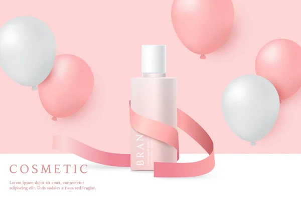 Kosmetika Péče Pleť Produkt Reklamy Šablony Růžovém Pozadí Stuhou Balónky — Stockový vektor