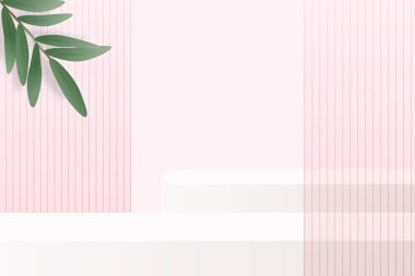 Ürün podyumu ve yaprakları ile pembe 3D arkaplan.