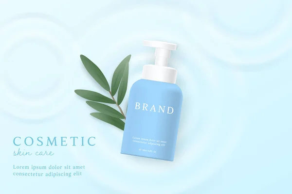 Werbevorlage Für Kosmetik Und Hautpflegeprodukte Auf Blauem Wasserhintergrund Mit Blättern — Stockvektor