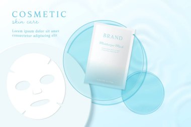 Cosmetics and mask ads template on blue water background. clipart