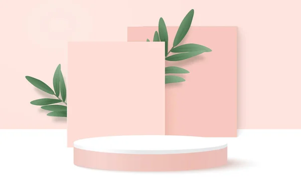 製品の表彰台と葉とピンクの幾何学的な3D背景 — ストックベクタ