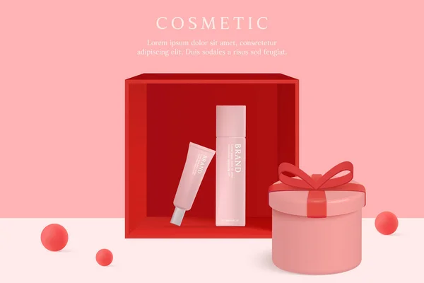 Kosmetika Péče Pleť Produkt Reklamy Šablony Růžovém Pozadí Dárkovou Krabicí — Stockový vektor
