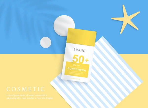 Sunscreen Product Ads Template Blue Yellow Background — Stock Vector