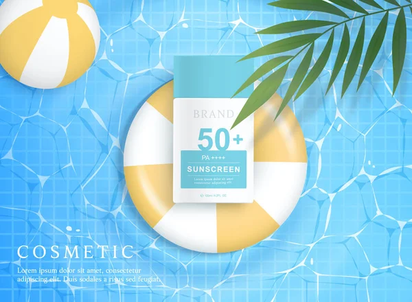 Güneş kremi yüzme halkası ile su arka planında şablon reklamları.
