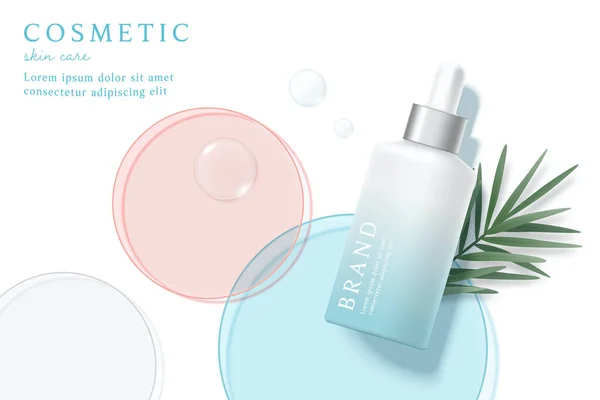 Kozmetik ürünleri ve cilt bakım ürünleri beyaz arka planda yapraklı şablon reklamları.