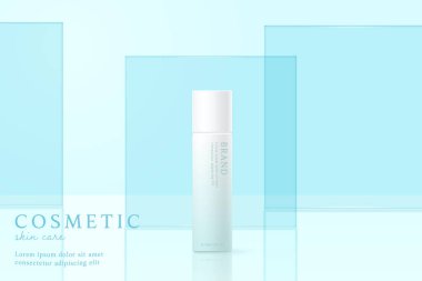 Kozmetik ürünleri ve cilt bakım ürünleri mavi arka planda şablon.