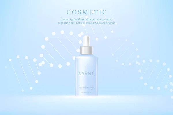 Kozmetik ürünleri ve cilt bakım ürünleri mavi arkaplan üzerinde DNA ile şablon.