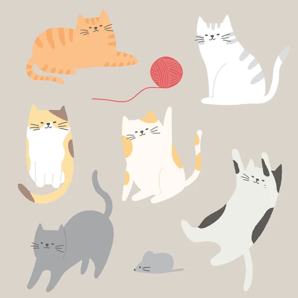Coleção Ilustração Desenhada Mão Gatos Bonitos Várias Poses —  Vetores de Stock