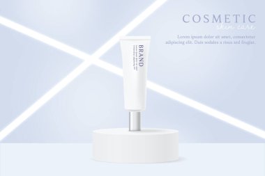 Cosmetics and skin care product ads template on blue background with the light.