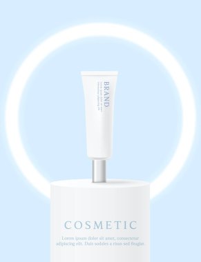 Cosmetics and skin care product ads template on blue background with the light.