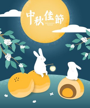Sonbahar ortası festivalinin yumurta sarısı ve tavşanlı el çizimi..