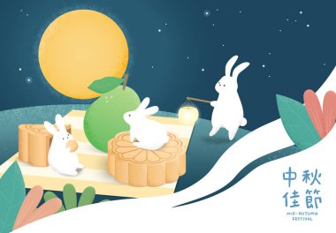 Ay çöreği ve tavşanlarla sonbahar ortası festivalinin el çizimi..