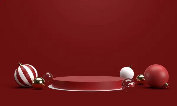 Ürün podyumu olan 3 boyutlu kırmızı Noel arkaplanı.
