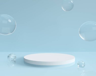 Damla ve ürün podyumları ile 3B mavi arkaplan.
