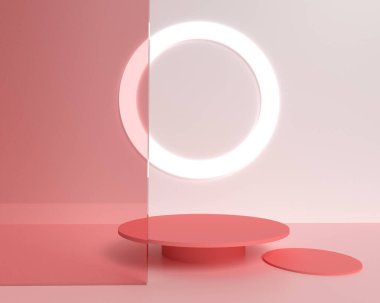 Ürün podyumları ve ışık ile üç boyutlu pembe arkaplan.