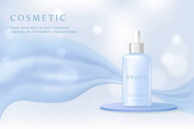 Mavi parlak arka planda kozmetik ürün reklamları şablonu.