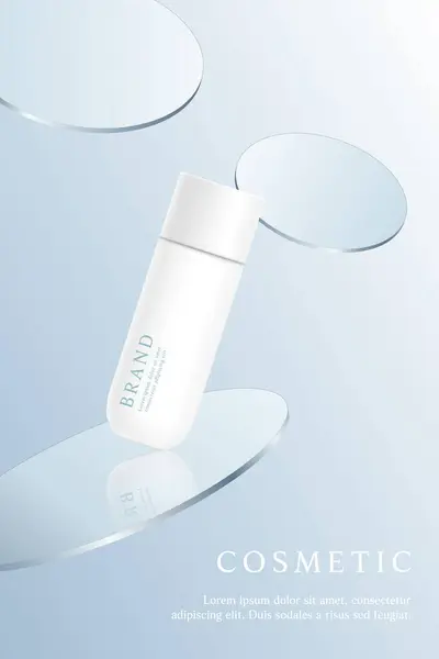 Mavi arkaplanda cam plakalı kozmetik ürün reklamları şablonu.