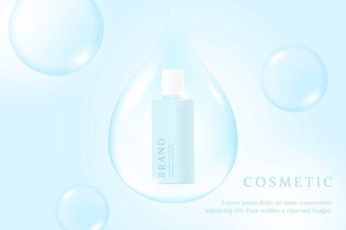 Mavi zemin üzerinde su damlası ile birlikte kozmetik ürün reklamları şablonu.