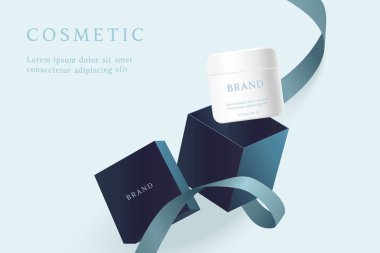 Mavi arkaplanda hediye paketi kurdelesiyle kozmetik ürün reklamları şablonu.