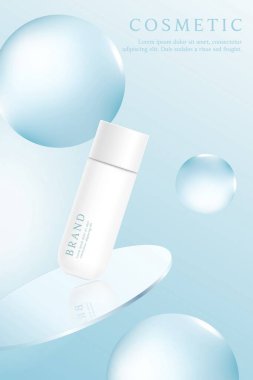 Mavi zemin üzerinde su damlası ile birlikte kozmetik ürün reklamları şablonu.