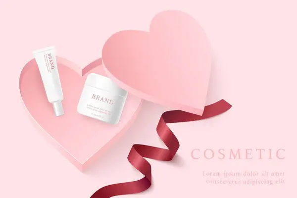 Cosmetic Product Ads Template Pink Background Heart Shape Gift Box — ストックベクタ